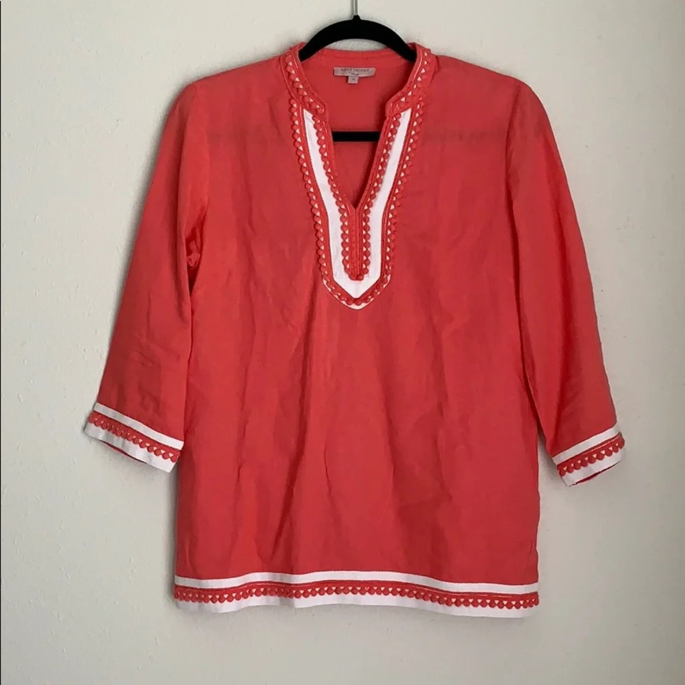 SAINT TROPEZ WEST top women’s size small coral pom tunic top 3/4 sleeve